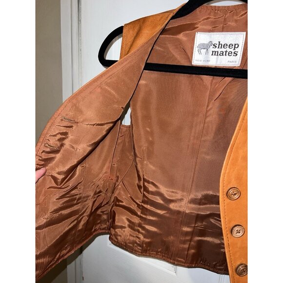 Vintage SHEEP MATES Cognac Leather Fitted Lined Vest Five Button Sz 8 - Picture 6 of 10